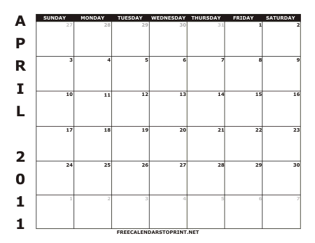 Calendar April 2011 on Download Free Calendars To Print   2011 Calendar  Style 1   April