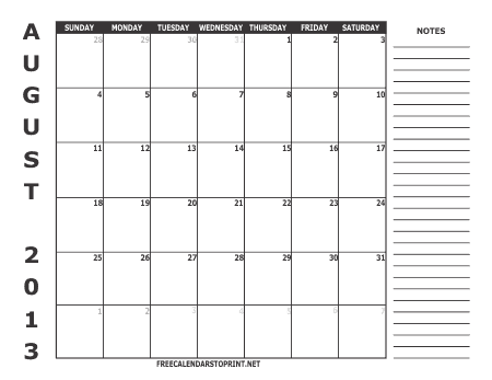Printable Monthly Calendar 2013 on August 2013 Monthly Calendar