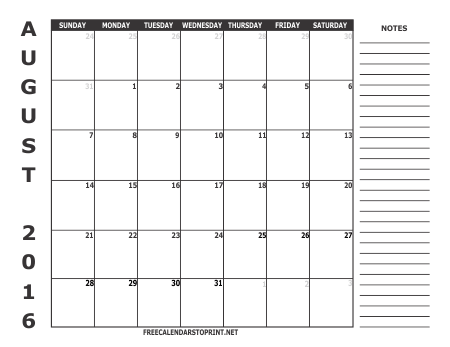August 2016 Monthly Calendar