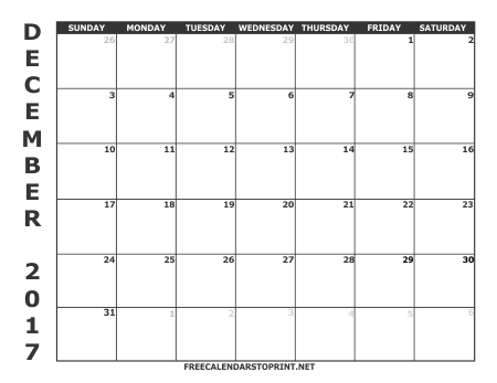 December 2017 Monthly Calendar