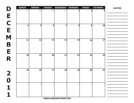 january to december 2011 calendar. December 2011 Monthly Calendar