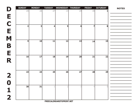 calendar 2012 december. December 2012 Monthly Calendar