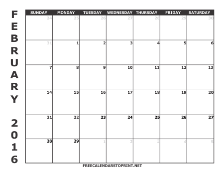 February 2016 Free Calendar to Print