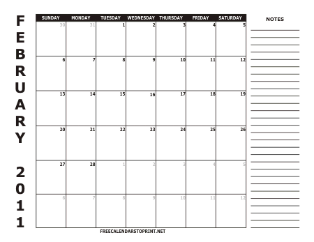 2011 Calendar Printout. calendar, February
