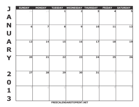 Free 2013 Printable Monthly Calendars on January 2013 Monthly Calendar
