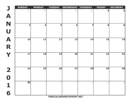 January 2016 Monthly Calendar