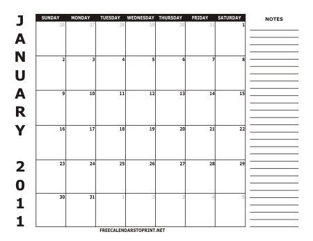 January 2011 Free Calendar to Print