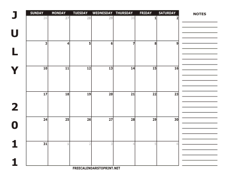 July 2011 Free Calendar to Print - Style 2