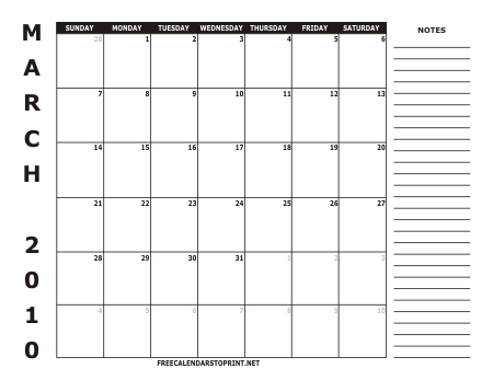 Download Free Calendars to Print - 2010 Calendar - Style 2 - March
