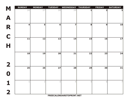 March 2012 Monthly Calendar To Print