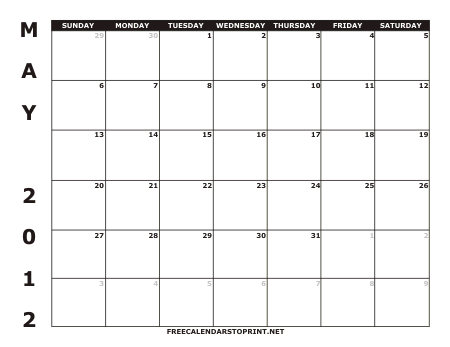 Printable Monthly Calendars 2012 on May 2012 Monthly Calendar