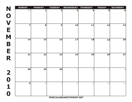 Download Free Calendars to Print - 2010 Calendar - Style 1 - November