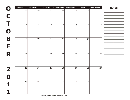 October 2011 Monthly Calendar - Style 2