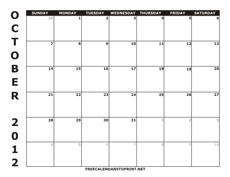 October 2012 Free Calendars To Print