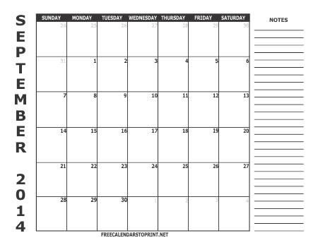 September 2014 Monthly Calendar