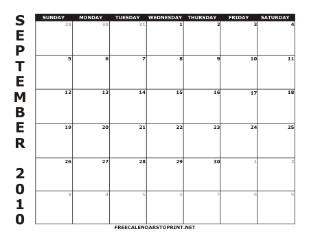September 2010 Free Calendars to Print - Style 1