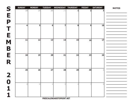 September 2011 Monthly Calendar - Style 2