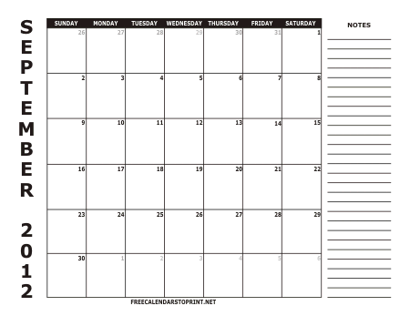 Free Monthly Calendars on September 2012 Monthly Calendar